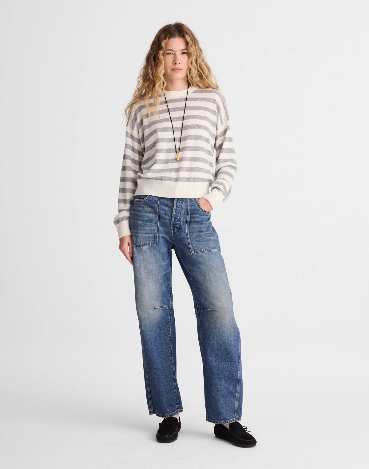 IVORY AND HTHR GREY STRIPE